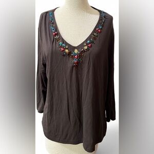 Chico's Womens Size 3 Brown 3/4 Long Sleeve Top Embellished Jewels